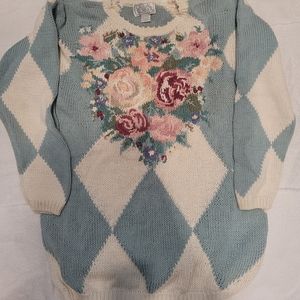 Vintage 1993 Causal Corner Tunic length sweater, Large, Creme and Seagreen.